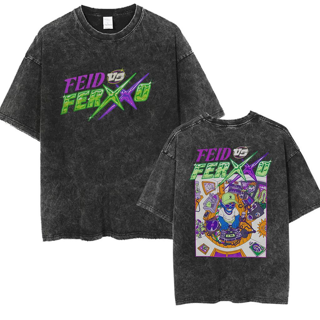 Vintage Washed Feid VS Ferxxo Falxo Tour 2026 Graphic Tshirt Men Women Gothic Fashion High Quality Oversized T Shirt Streetwear