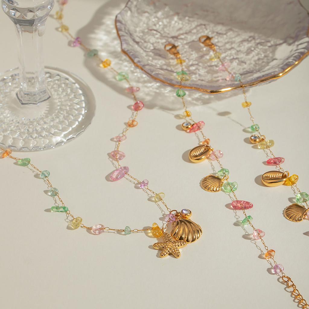 Elegant Gold Plated Stainless Steel Necklace Anklet Bracelet Set with Colored Crushed Stone and Starfish Rhinestone