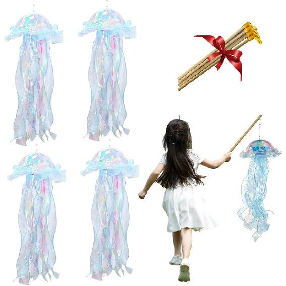 4 Pack LED Jelly-Fish Lamps, Hanging Glitter Iridescent Jelly-Fish Lantern, Home Office Room Decoration, Birthdays Halloween Christmas Gift for