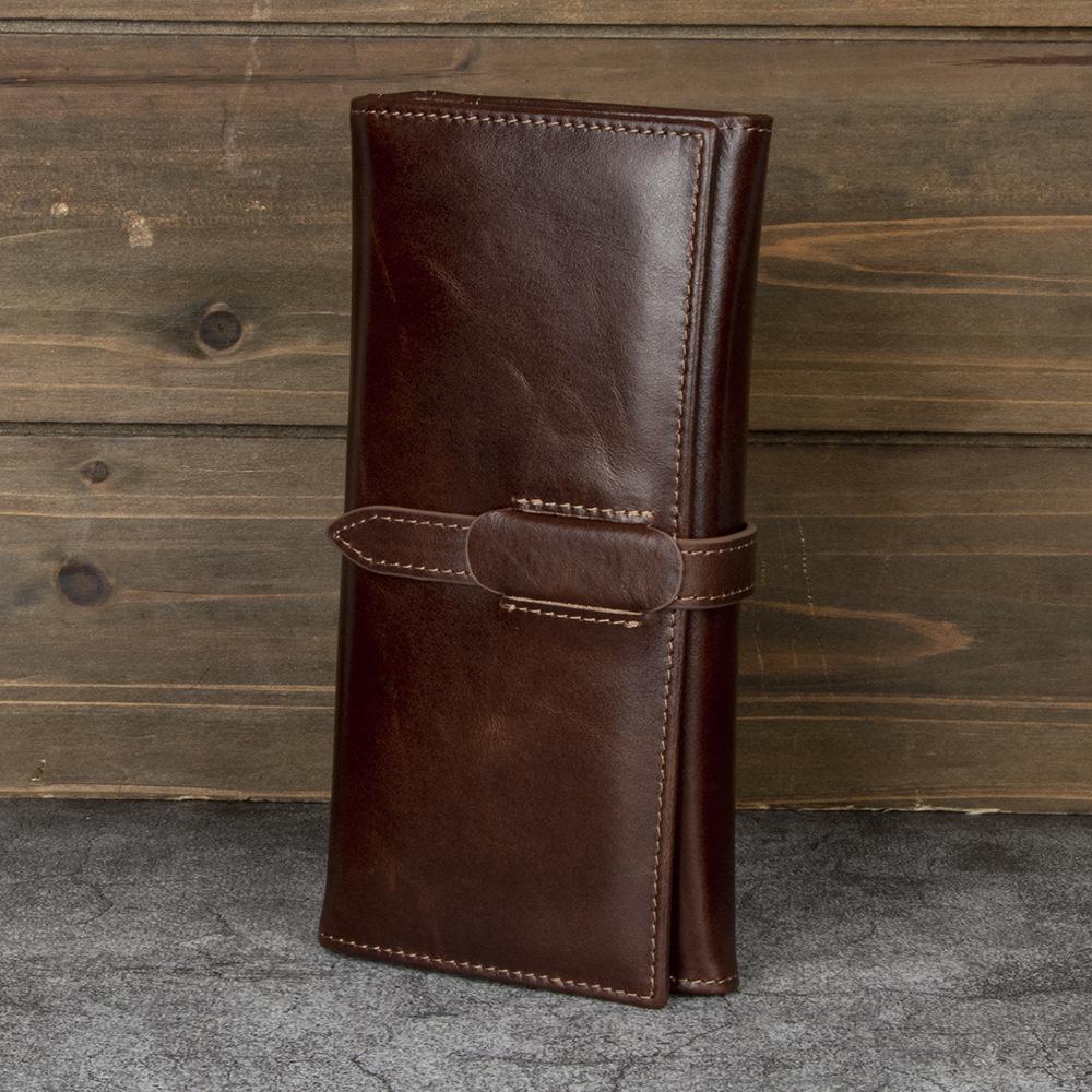 Горячая Распродажа Масляно-Восковая Кожаная Ручная Работа Первый Слой Коровьей Кожи Женский Длинный Кошелек Кошелек из Натуральной Кожи с Шнурком темно-коричневого