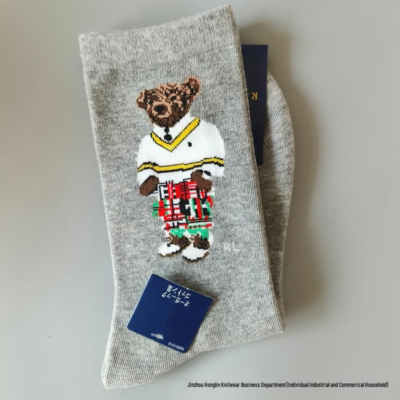Trendy Little Bear Mid-Calf Women's Cotton Socks for Spring and Autumn