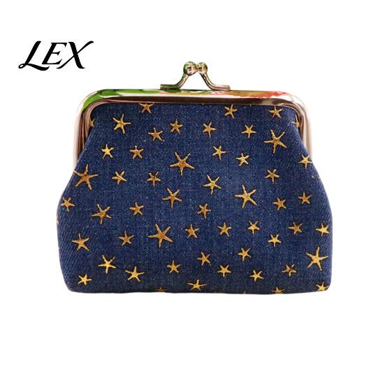 Washed Denim Wallet Golden Star Coin Purse, Women Change Kiss Lock Purse Closure Pouch for Folded Cash Coins Cards Mini Makeup