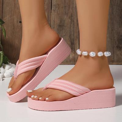 Fashion Pink Platform Flip Flops for Women 2026 Summer Lightweight Non Slip Beach Slippers Woman Comfort Clip Toe Wedge Sandals