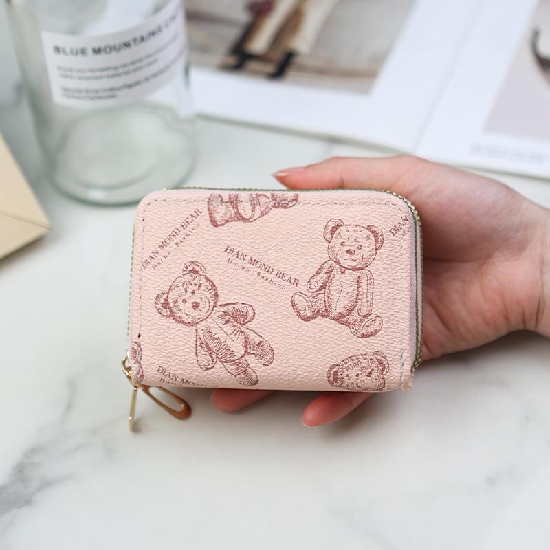 New double-layer zipper organ card bag, short cartoon bear printed organ card bag, multi-card change bag.