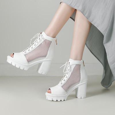 Women's High Heels Sandals for Spring and Summer, Waterproof Platform, Thick Heel, Large Size, Mesh, Fish Mouth, Mesh Boots