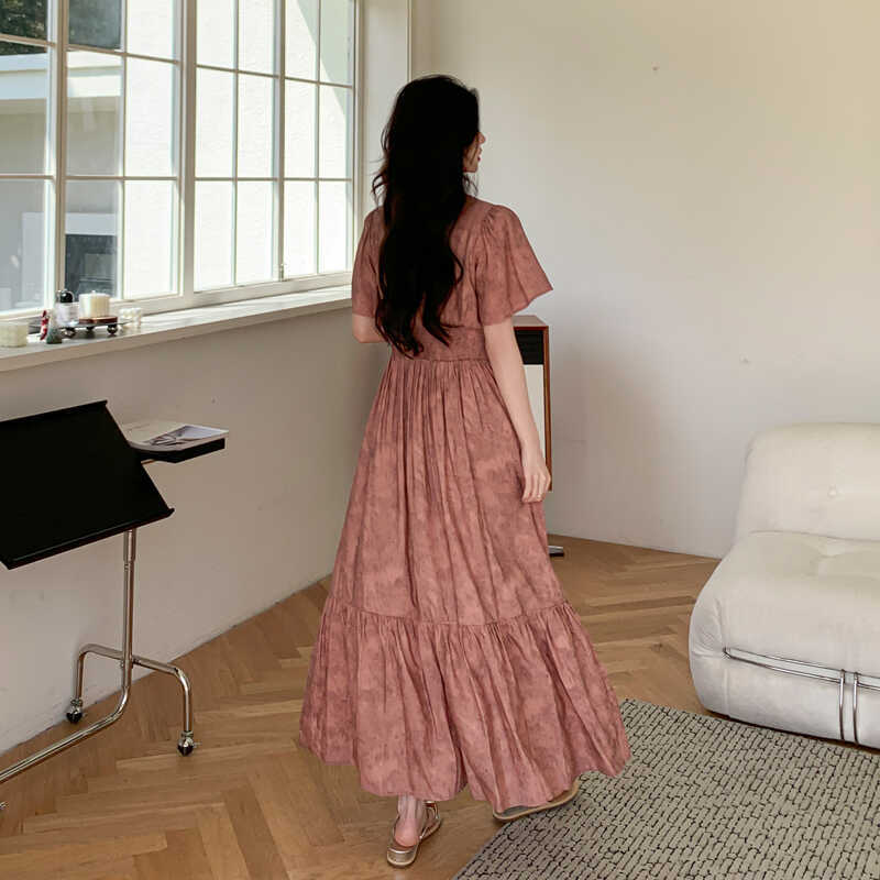 Elegant V-Neck Folds Dresses Short Sleeve Summer A-Line Waist Vintage Broken Flowers Spliced Long Dress