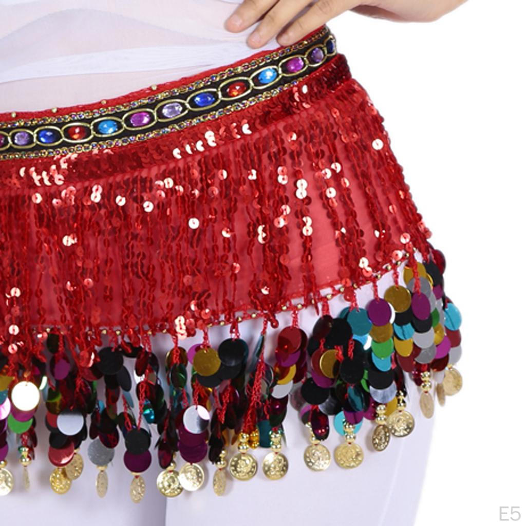 Chiffon Dangling Gold Coins Belly Dance Hip Scarf with Sequins Rhinestones Decoration,Dance Skirt