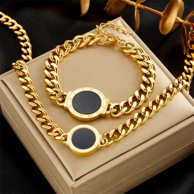 Women Hip Hop Chain Jewelry Stainless Steel Roman Numerals Round Necklace Bracelet
