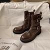 Schuhe Gewaschenes Schrumpfleder Schnalle Seitlicher Reißverschluss Grober Absatz Martin Stiefel Damen Herbst