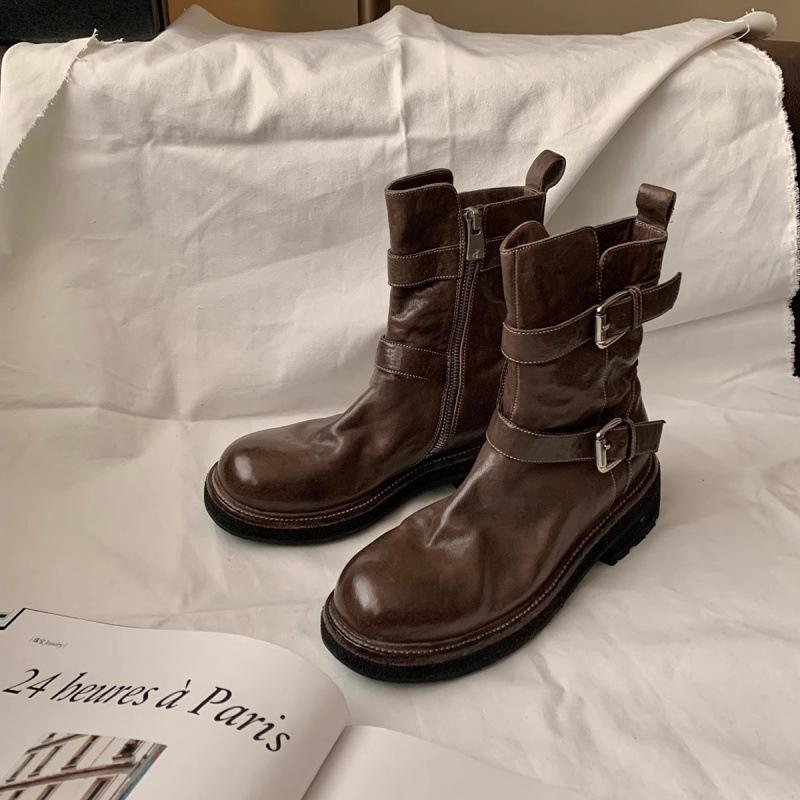 Schuhe Gewaschenes Schrumpfleder Schnalle Seitlicher Reißverschluss Grober Absatz Martin Stiefel Damen Herbst