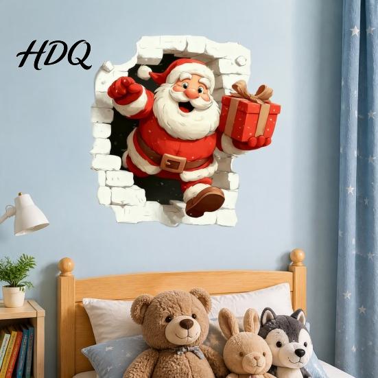 Santa Claus Window Clings Christmas Wall Stickers 3D Reindeer Break-Through Self-Adhesive Decals Decal Removable Stickers for Living Room