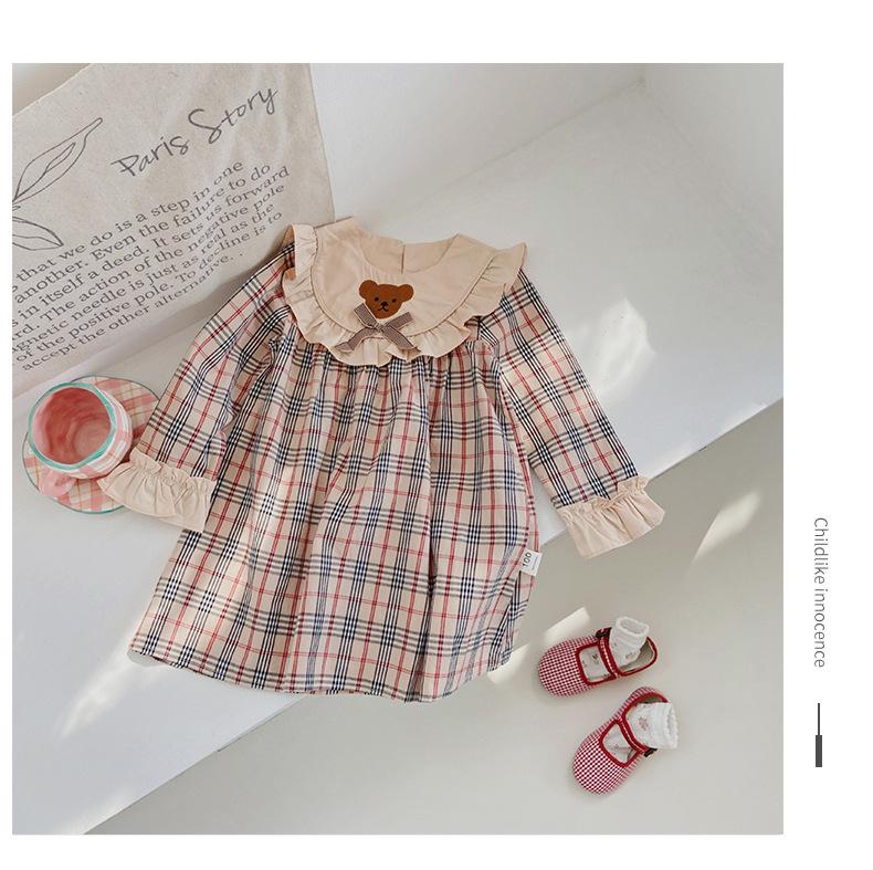 Dívčí roztomilé kostkované šaty s medvídkem 2024: Volán s dlouhým rukávem na jaro a podzim