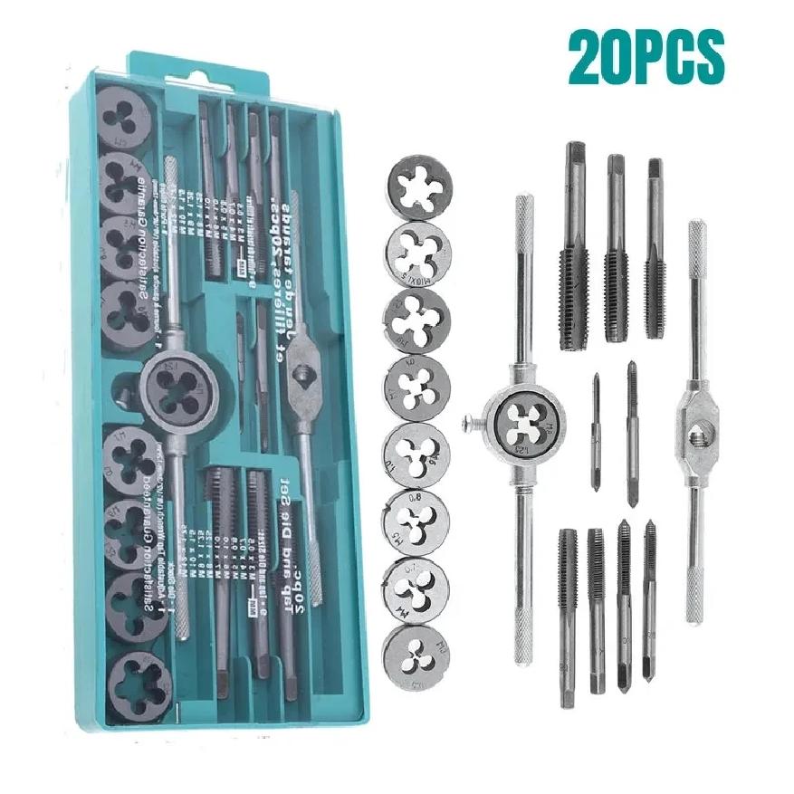 Multifunction Tap and Die Set 12/20Pcs M3-M12 Metric Screw Thread Plugs Hand Screw Taps Straight Taper Tapping and Thread Tools