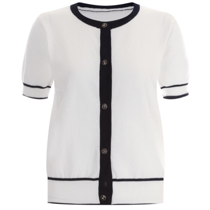 Shop   Women Color Block Round Neck Daily Short Sleeve Knit 100  Cotton Cardigan