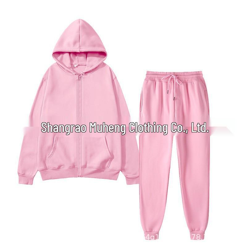 Men's Solid Color Plus Velvet Hooded Sports Set - Zipper Long Sleeve, Warm for Autumn/Winter