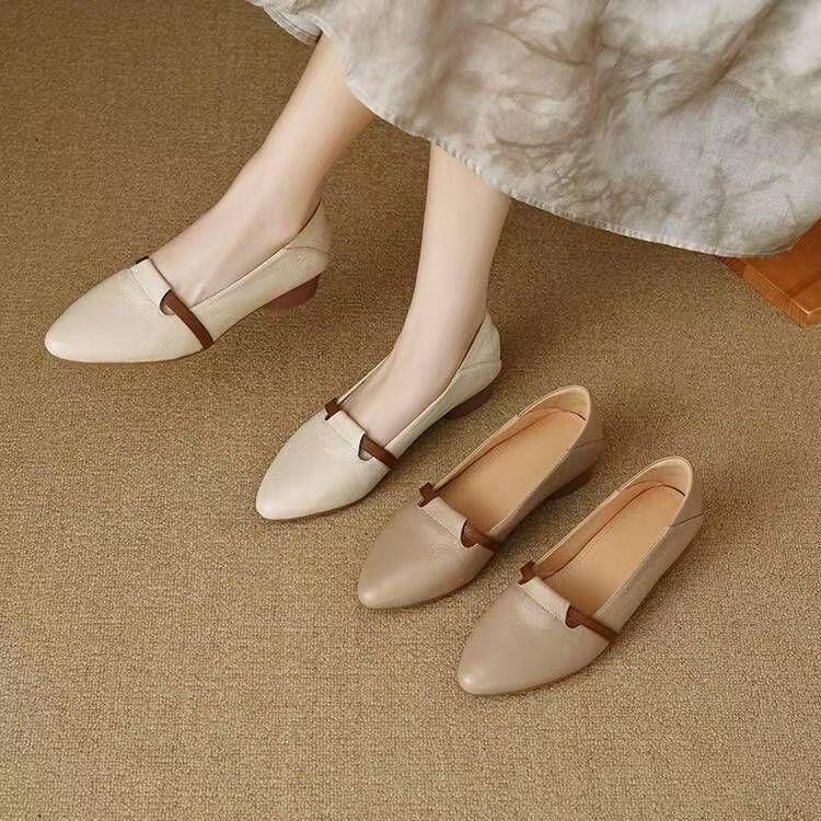 Single Shoes Women's 2025 Autumn New Comfortable and Versatile Thick Heel Soft Leather Soft Sole Not Tired Foot Pedal Pointed Low Heel Shoes