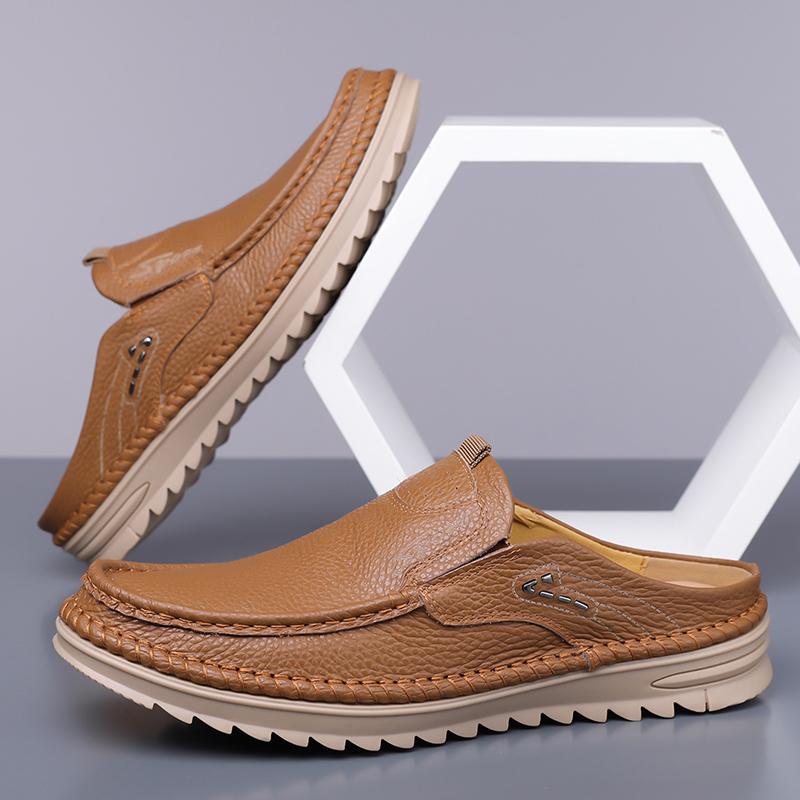 Leisure Walk Men's Casual Shoes Massage Non-slip Leather Muller Shoes Spring Summer Male Half Drag New Trend Slippers Loafers
