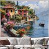 Mittelmeer Italienisches Küstendorf Wandteppich Wandbehang Boho Heimdekoration Aquarell Landschaft Wandbild Kunst