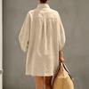 Casual Women Short Dress Linen Cotton Blend Stand Collar Button Front Half Sleeve Loose Fit Summer Tunic Dress