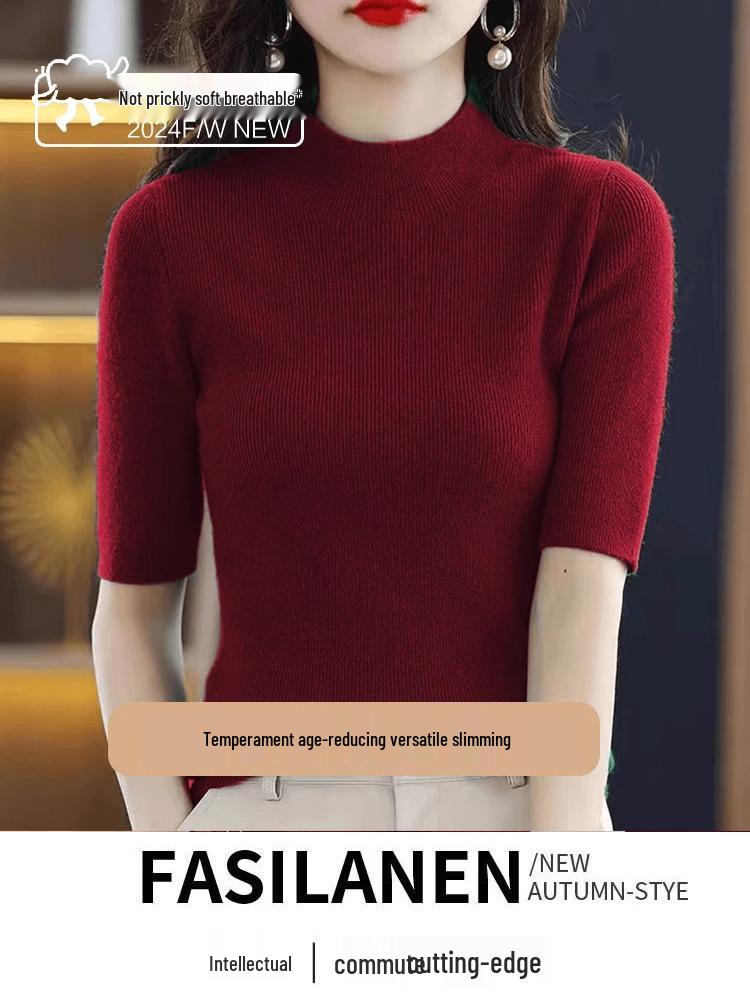 Women's Angola Red Slim Fit Knitted Pullover Sweater with Half-High Neck & Five-Sleeves for Spring & Autumn 2025.