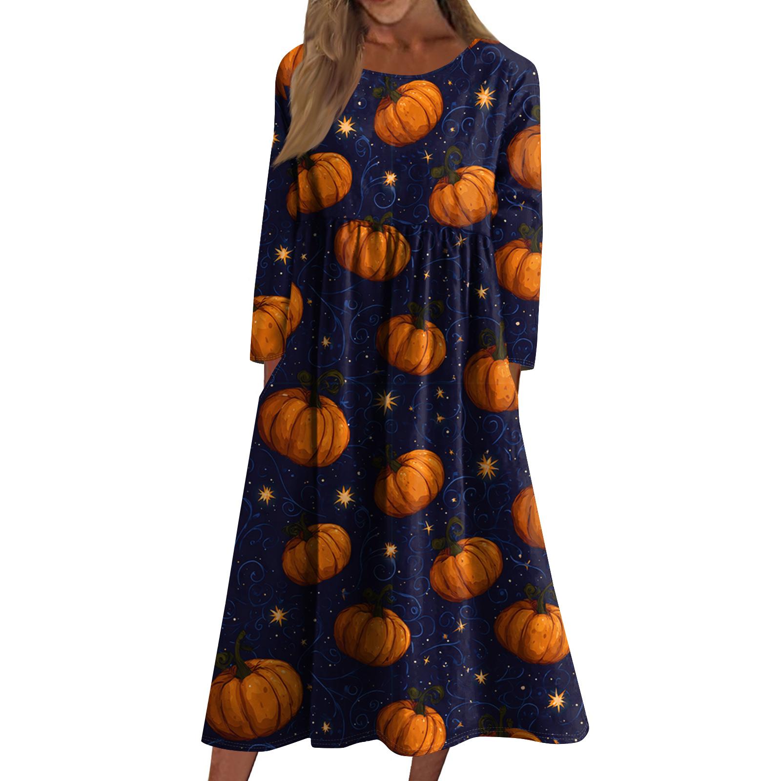 

Женское повседневное платье средней длины с круглым вырезом и принтом Хэллоуина, платье средней длины с длинными рукавами и карманом XL