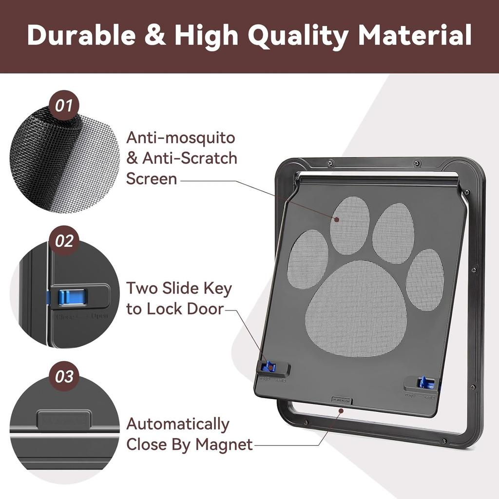PETLESO Small Dog Door for Screen Door, Cat Door 8"×10" Magnetic Flap Self-Closing, Pet Screen Door for Sliding Door, Puppy Doggy and Cat Door Built