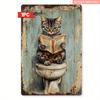 Humorous Cat Reading On Toilet Metal Wall Art    Vintage Iron Sign with Rustic Blue  Green Design Perfect for Bathroom Lau
