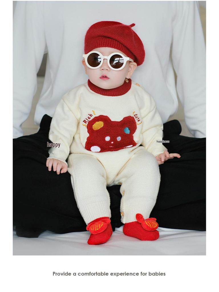 Slavnostní červená novorozenecká kombinéza - Podzimní/zimní svetrový overal