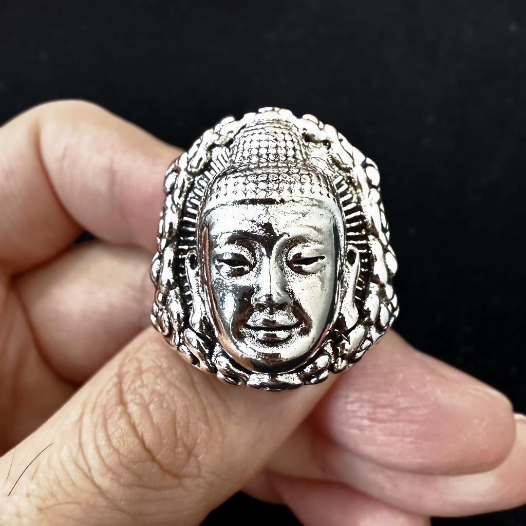 Anello Grande Aperto Retro Vairocana Buddha Per Uomini Rame Placcato Argento Punk Gotico Edgy Accessori Buddismo Benedizione Regalo