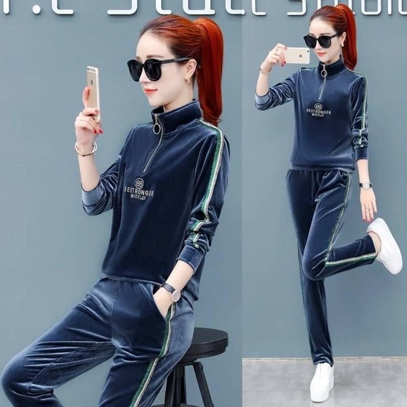 Gold Velvet Set - Women's Fashion Spring-Autumn Round-neck Casual Sportswear Sweater Set of Two Pieces