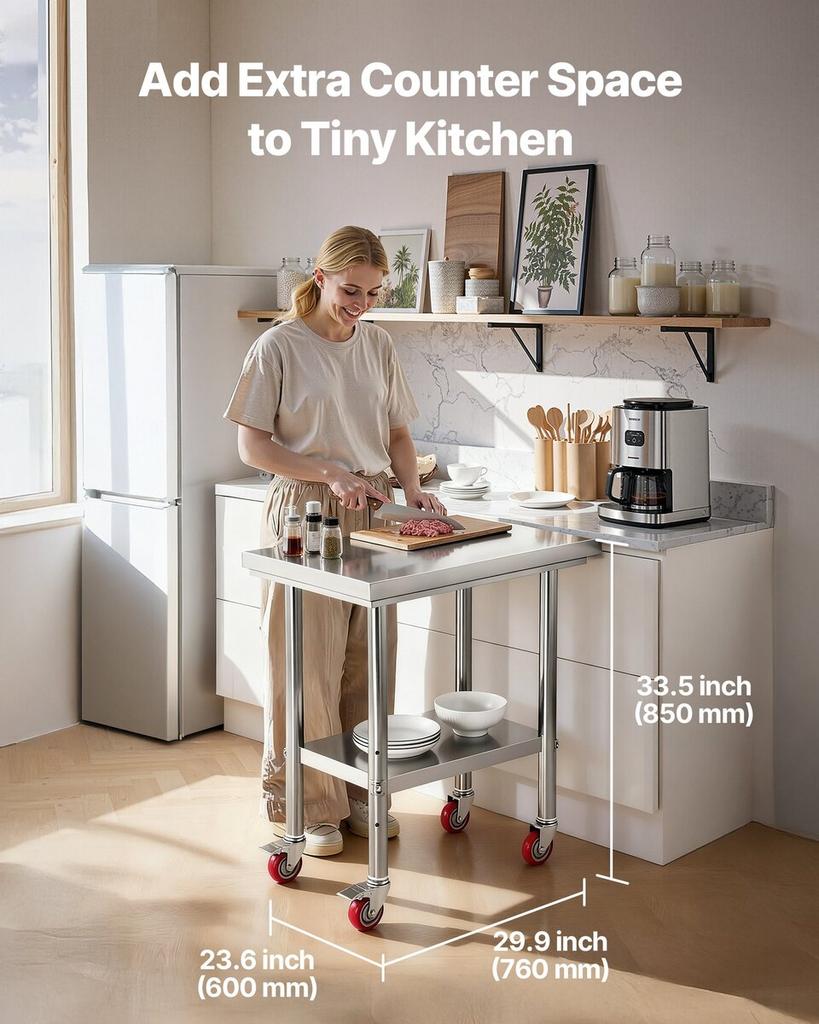 Stainless Steel Table, 60 x 76 cm Food Prep Worktable with Wheels, Kitchen Prep Table with Adjustable Undershelf Workstations for Commercial Kitchen,
