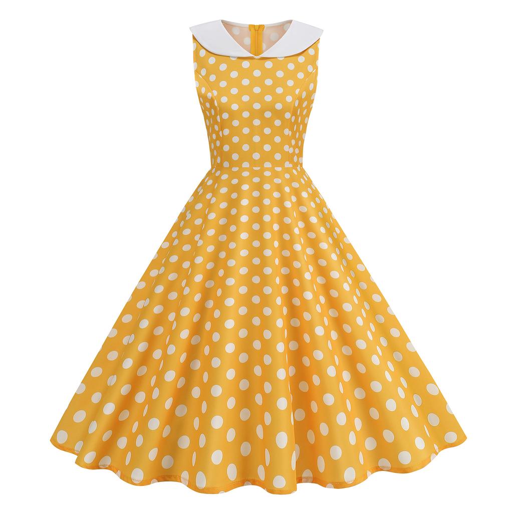 Women's Sleeveless Retro Polka Dot Dress with Collar
