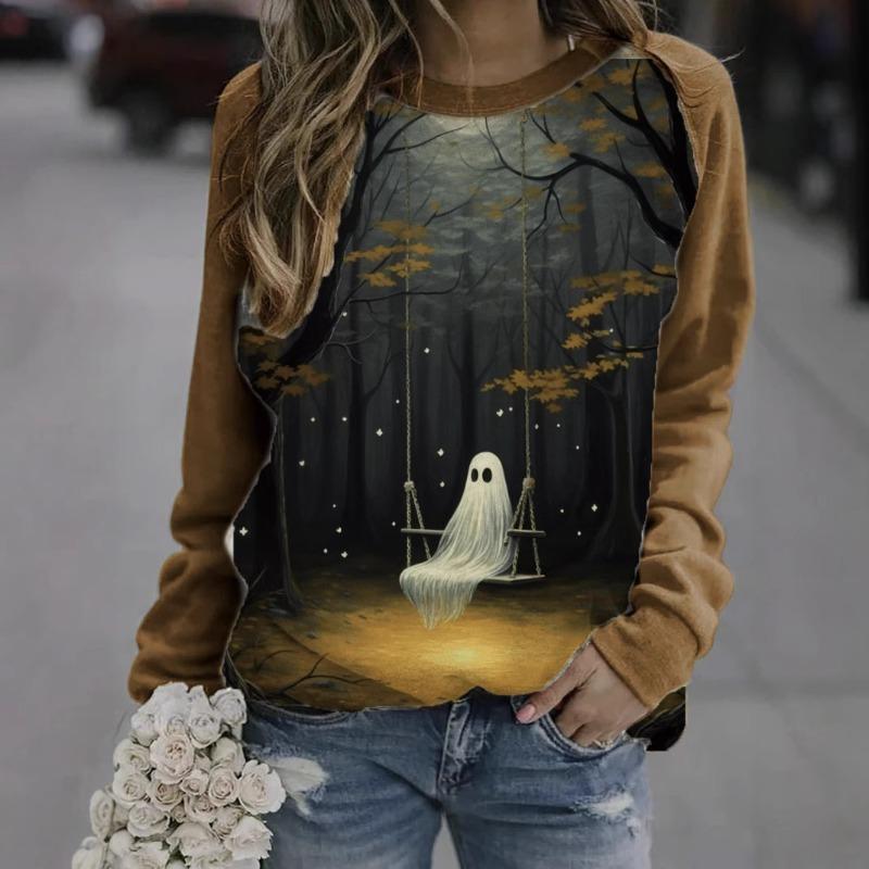 Halloween Printed Long Sleeved Hoodie Autumn Winter Women's Hoodie Casual Round Neck Top Pullovers & Long Sleeves Women’s