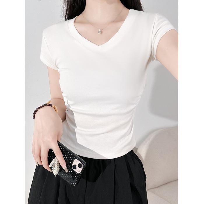 

Side folds waist slim top women s summer V-neck small fly sleeves front shoulder high waist short open button slim short sleeve T-shirt S белый