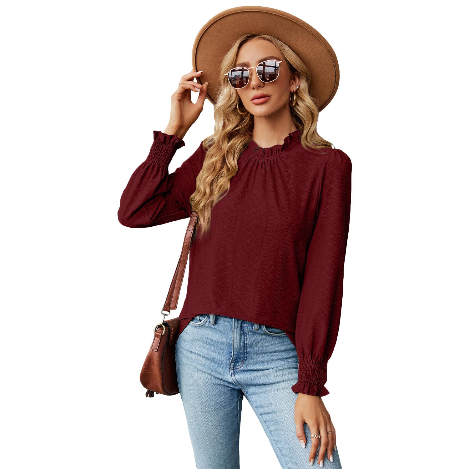 

BITCED Осенне-зимняя свободная плиссированная футболка с кружевным воротником и рукавами-фонариками для женщин 2XL вино красного