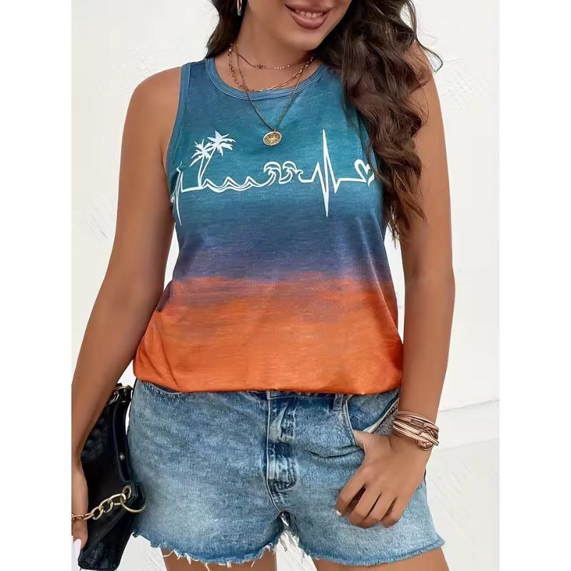 Plus Size Summer Women Elegant 3D Print Vest Vacation Beach Style Shirt Tops Casual Sleeveless Crew Neck Curve Clothing