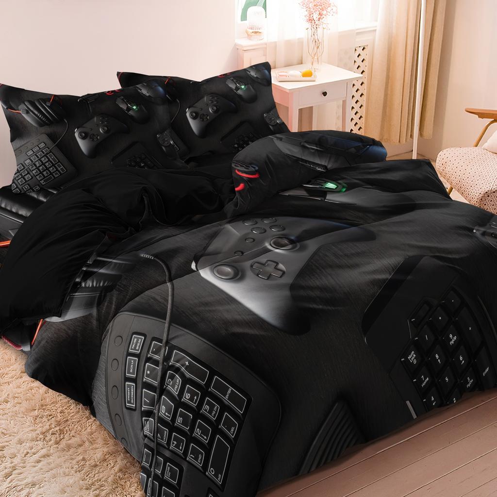 3pcs Video Game Controller Mouse Keyboard Headphone Pattern Duvet Cover Set - Modern Fashionable Cool Gamepad Print