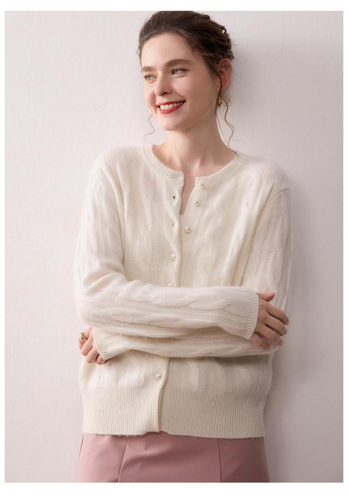 2025 Fall/Winter Women's Cashmere Pearl Button Cable Knit Cardigan - Round Neck, Solid Color, Loose Fit Sweater Coat