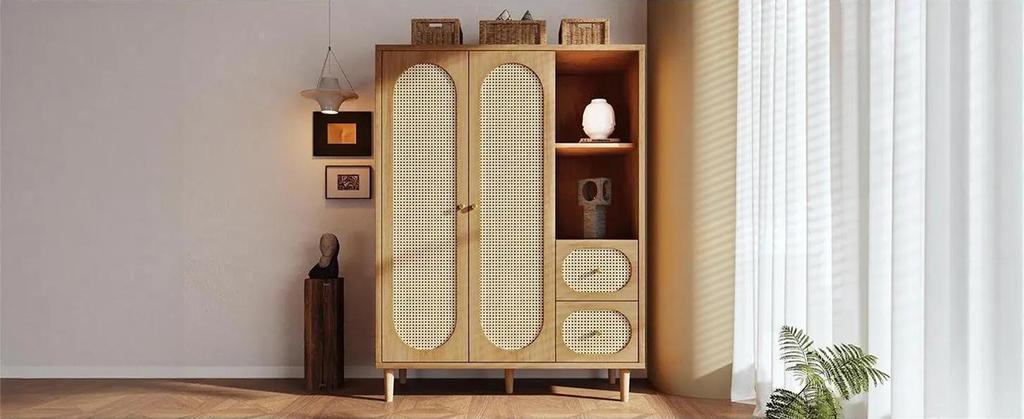 Wardrobe country house style oak 161x120x48 cm wood, 2 doors, 2 drawers, open shelves, with clothes rail, ideal for bedroom and hallway