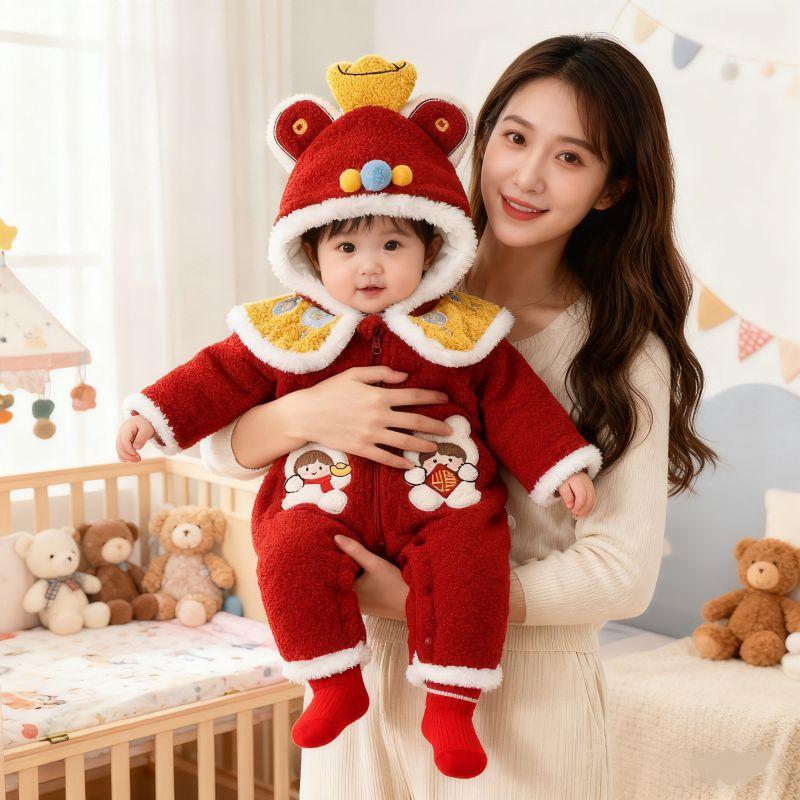 New Year's Greeting Outfit for Babies 2025 New Winter Style for Infants Aged One Week Old, Red One-Piece Romper for Baby Girls