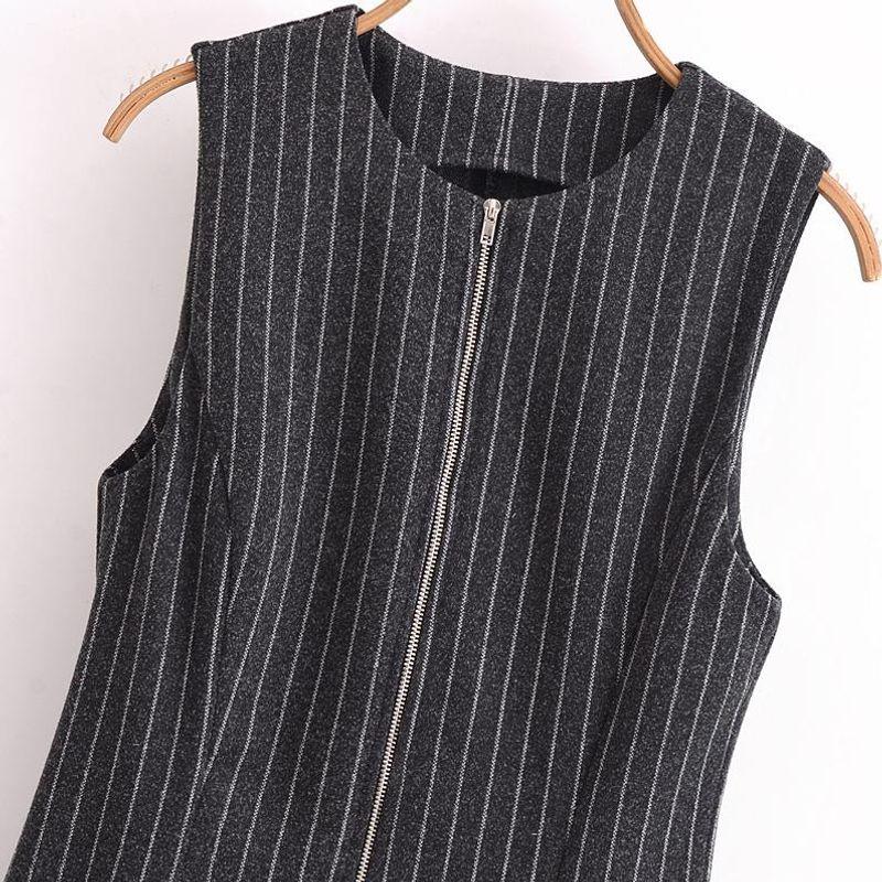 Kaslead New Women clothes Western Style Fashion Metal Zip-up round Neck Midi Dress 0264329