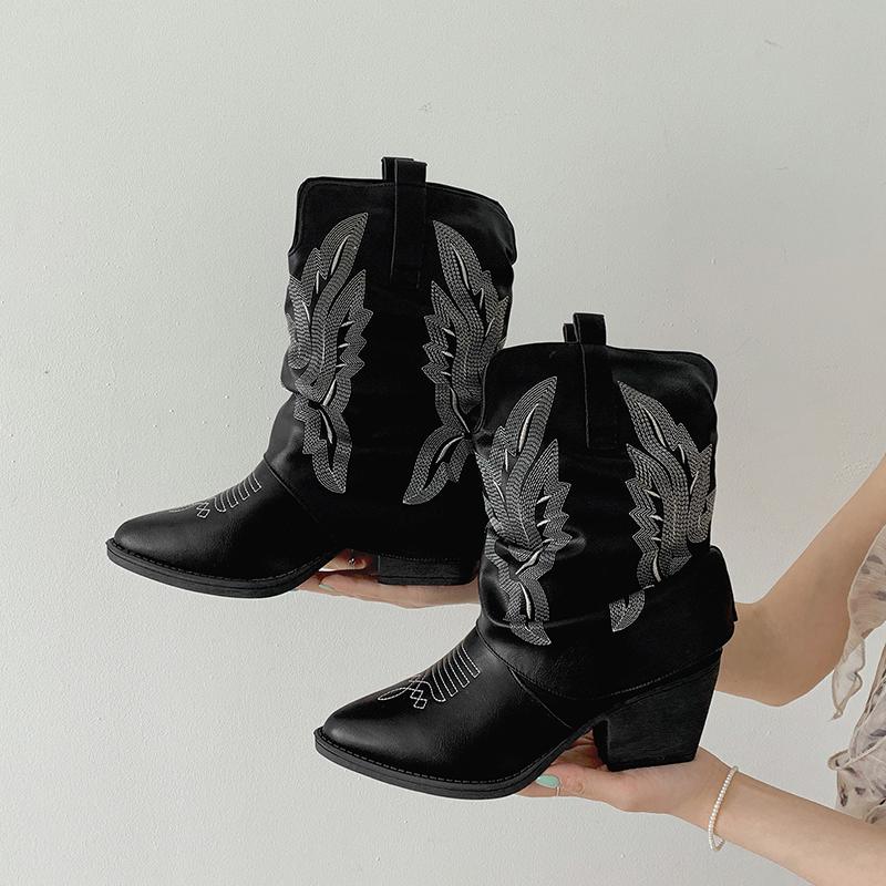 Fashion Vintage Pointed Toe Thick Heel Woman Western Cowgirl Boot Casual Slip On Short Booties Autumn Winter Hottie Shoes