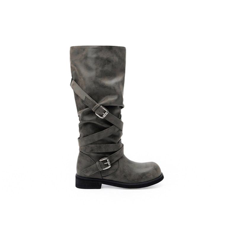 3.5Cm thick heel large tube circumference old belt buckle round head stack knight boots 2026 autumn new