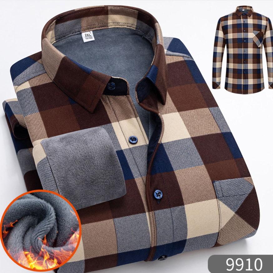 

Зимняя мужская рубашка больших размеров с клетчатым принтом, контрастными цветными лацканами, длинными рукавами, плотным плюшем, с накладными карманами, однобортная, средней длины XXXL бежевый