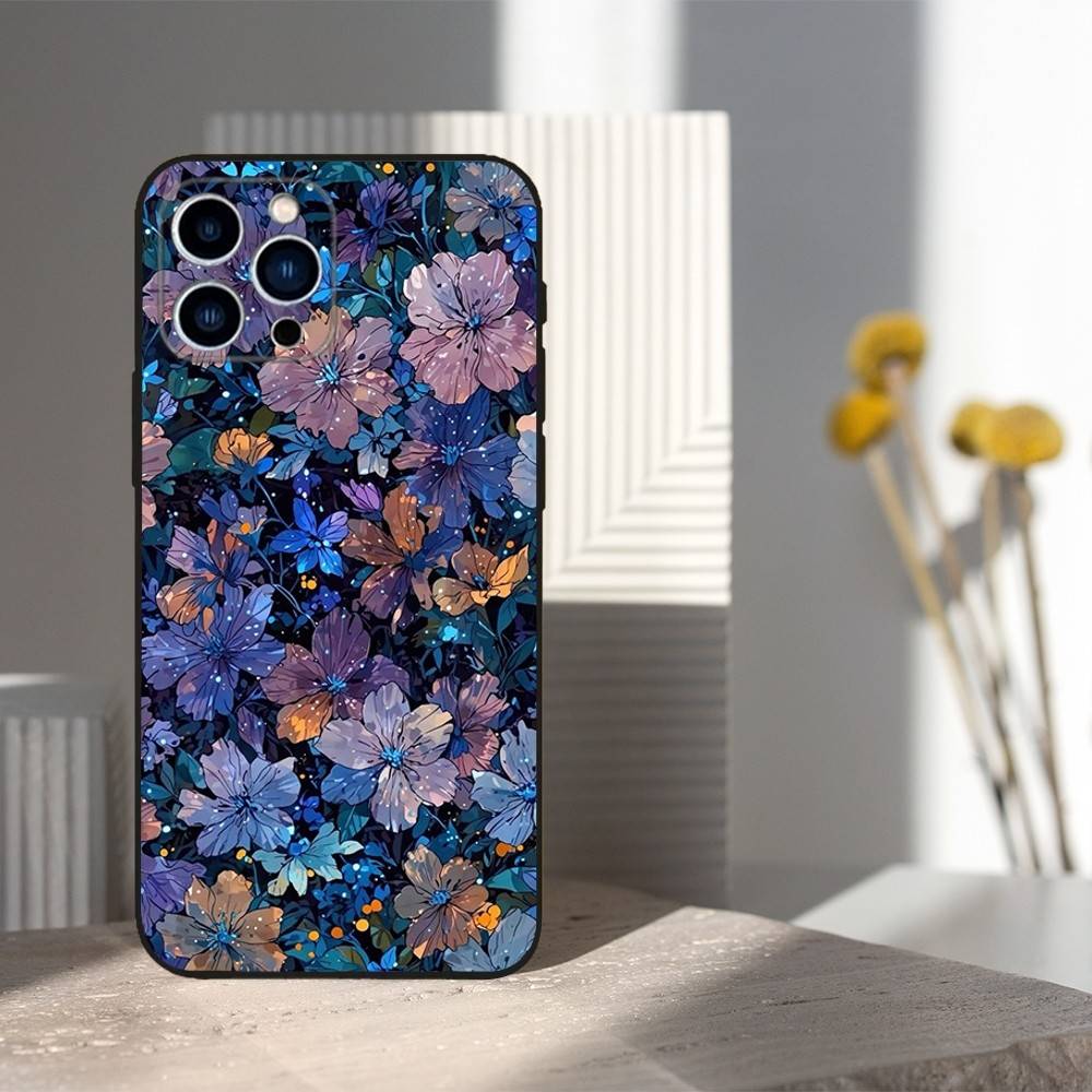 

Painting Artistic Flower Case For iPhone 12,14,15,16,11,17,13,X,Mini,SE,XS,Plus,Pro,Max,8,7,XR,Soft Silicone Black iPhone13mini