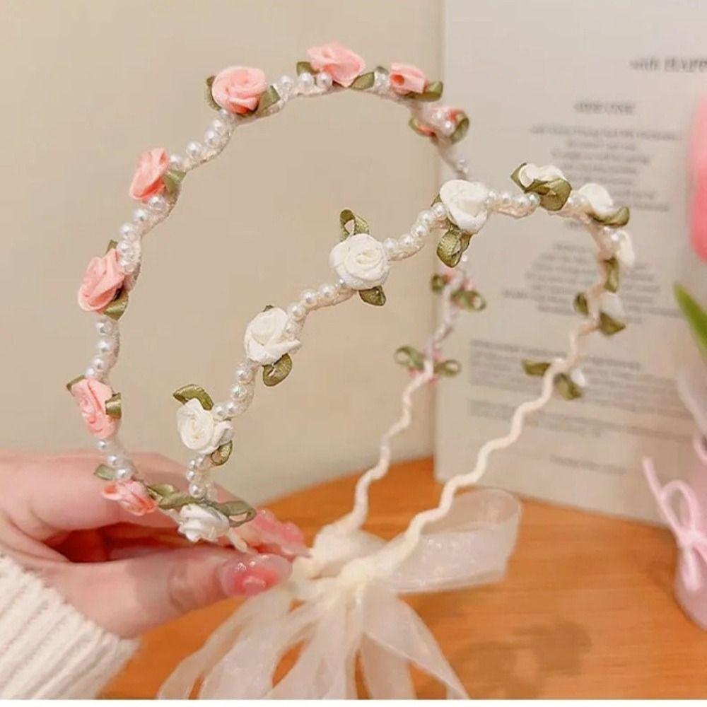 Spring Summer Hair Hoop Bow Braided Flower Wreath Headband Elegant Kids Rose Headband Gift