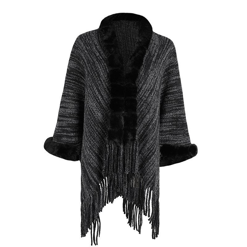 Warm Fur Collar Knitted Shawl Cardigan Cape Shawl Polyester Plus Size Women'S Shawl