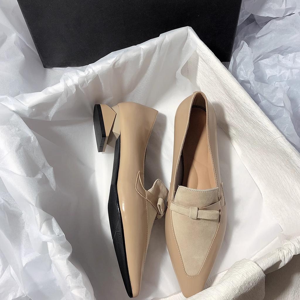 French Full Leather Pointed Single Shoes Women's Spring 2025 New Thick Heel Small Leather Shoes Bow Splicing Loafers