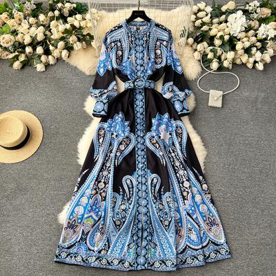 2024 New Spring Autumn Women Vintage Print Long Maxi Holiday Beach Dress Single Breasted Party Dresses with Belt