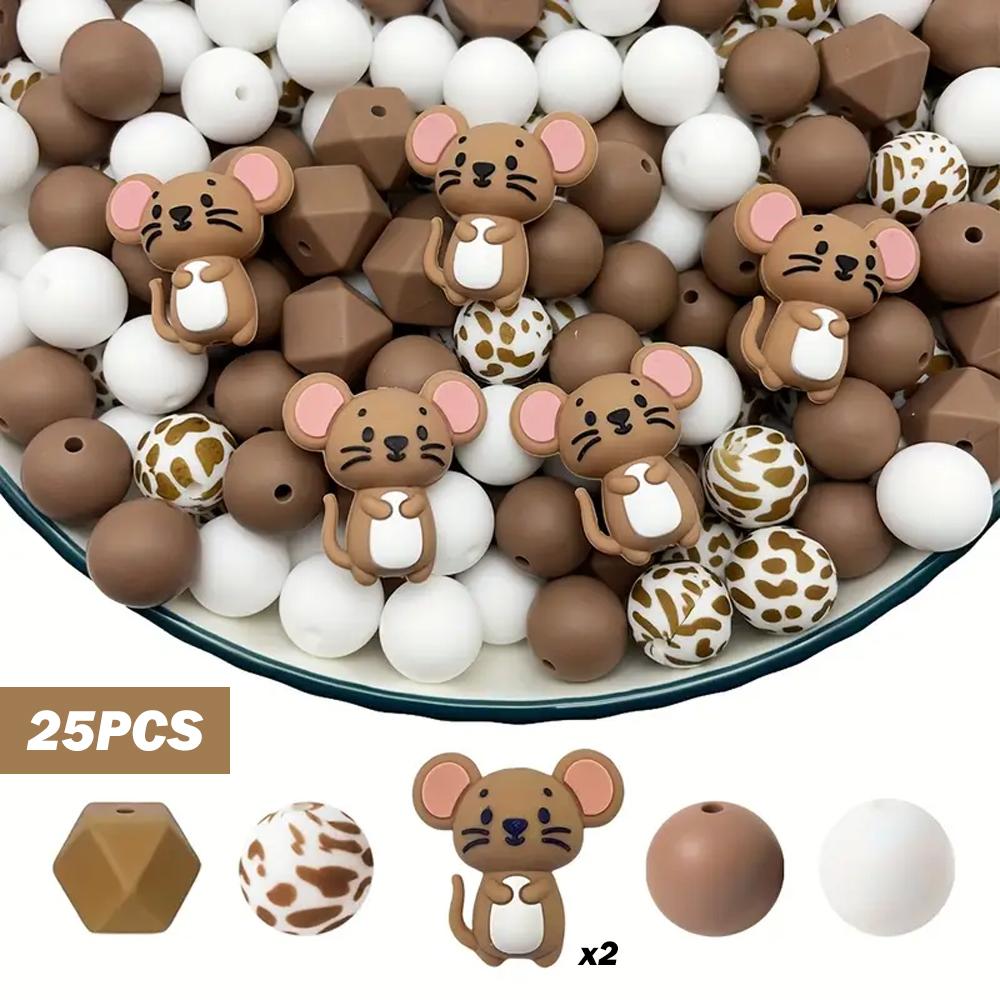25/55PCS Mouse Hedgehog Lion Silicone Bead Set, perfect for DIY handmade crafts such as keychains, necklaces, bracelets, etc